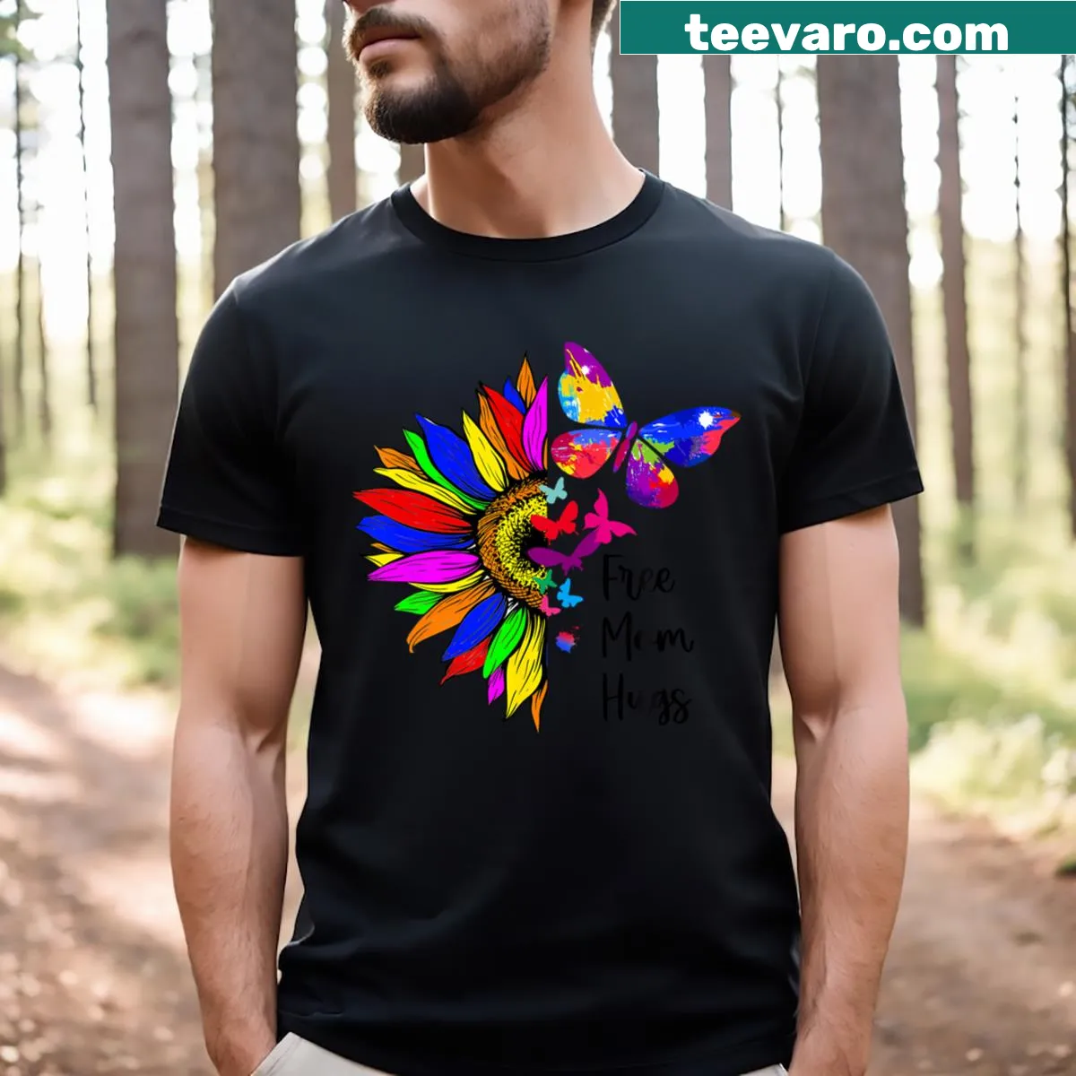 Butterfly design with 'Free Mom Hugs' text for LGBTQ+ pride — on a men's t-shirt