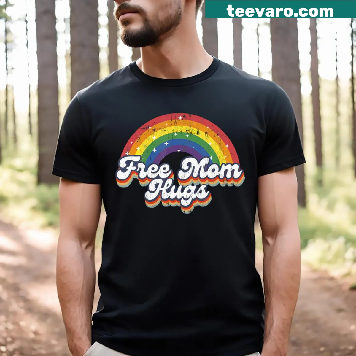 T-shirt with heart design and LGBT flag text: Free Mom Hugs — on a men's t-shirt