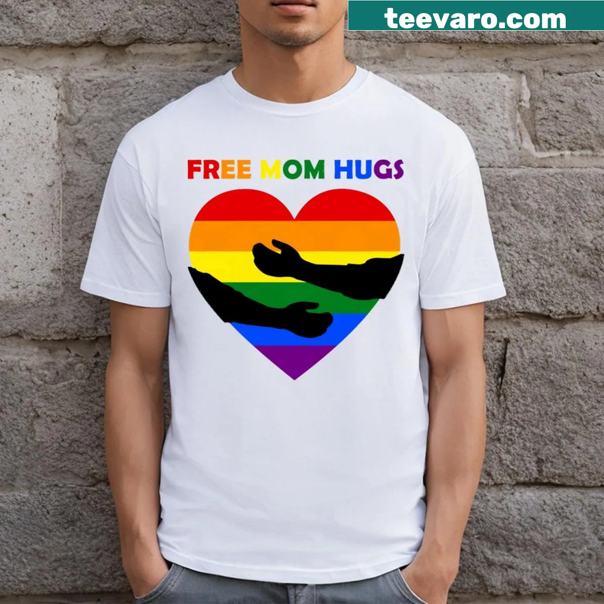 Graphic t-shirt with 'Free Mom Hugs' playful text — on a men's t-shirt
