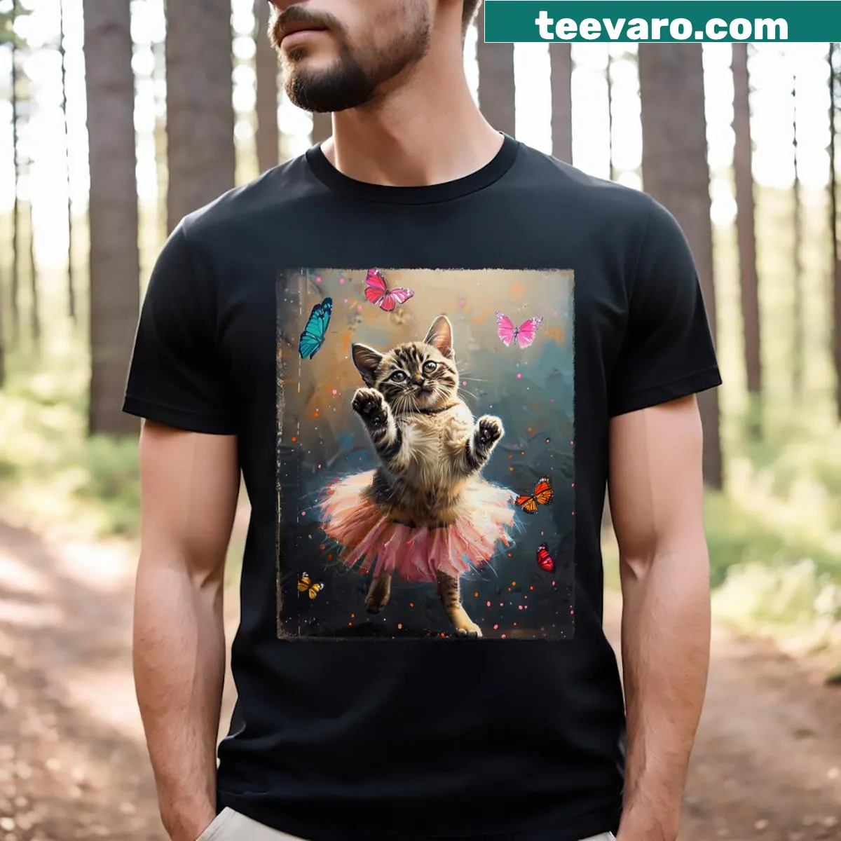 Funny t-shirt featuring dancing cats for cat lovers — on a men's t-shirt