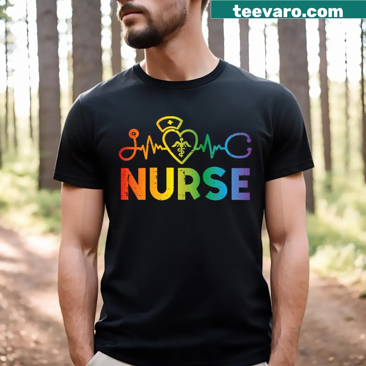 Heartbeat graphic with rainbow pride flag on a nurse t-shirt — on a men's t-shirt