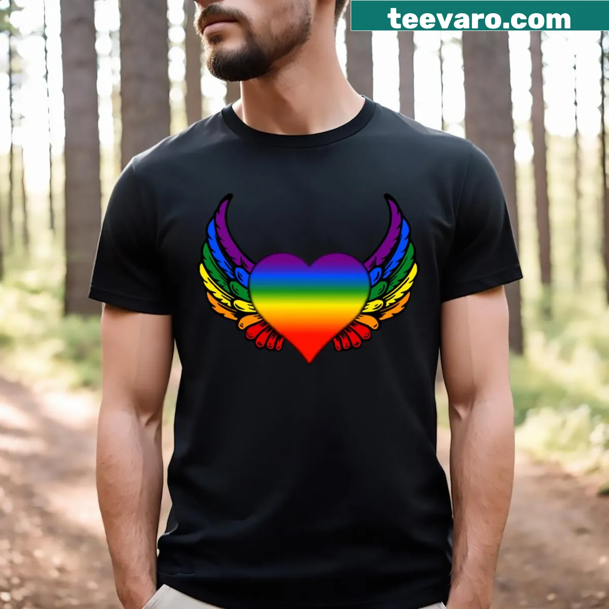 Rainbow hearts with wings on a pride-themed t-shirt — on a men's t-shirt