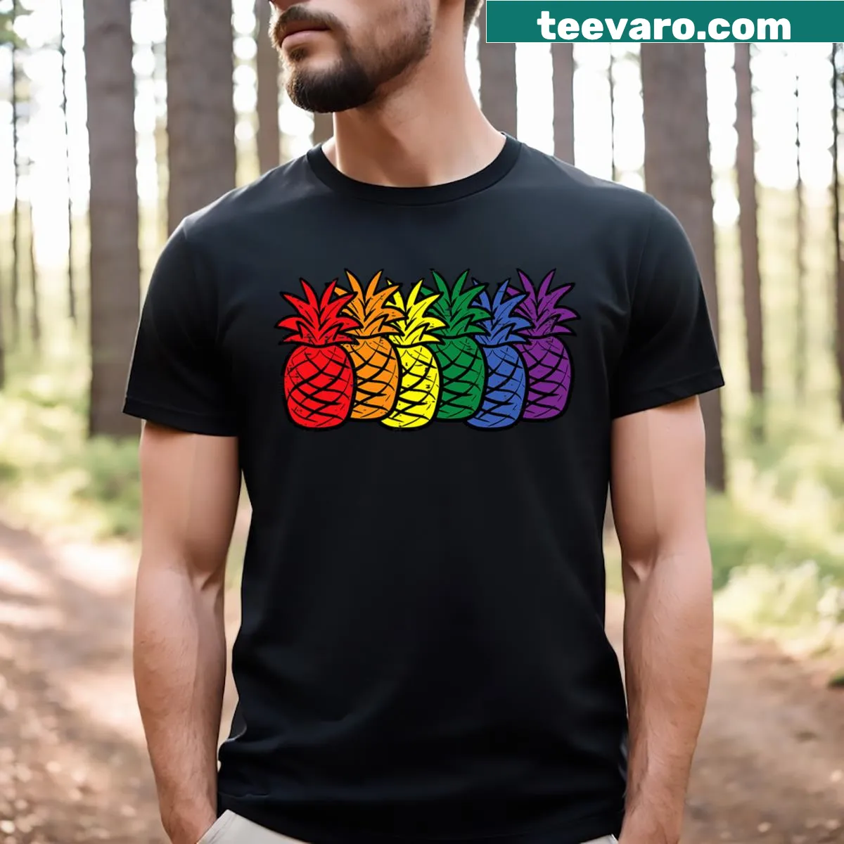 Rainbow pineapple graphic on a subtle pride t-shirt for men — on a men's t-shirt
