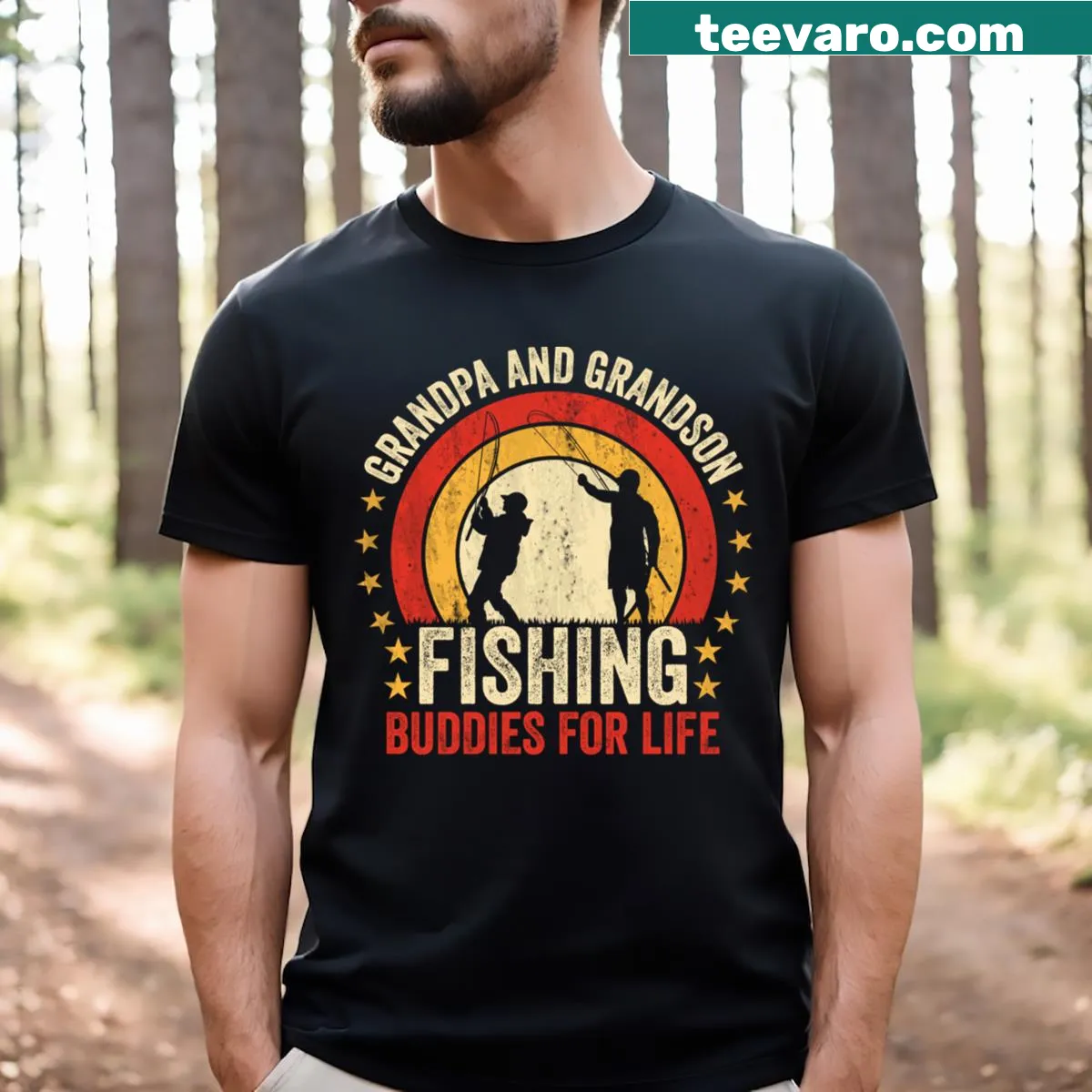 Fishing-themed shirt celebrating grandpa and grandson friendship — on a men's t-shirt
