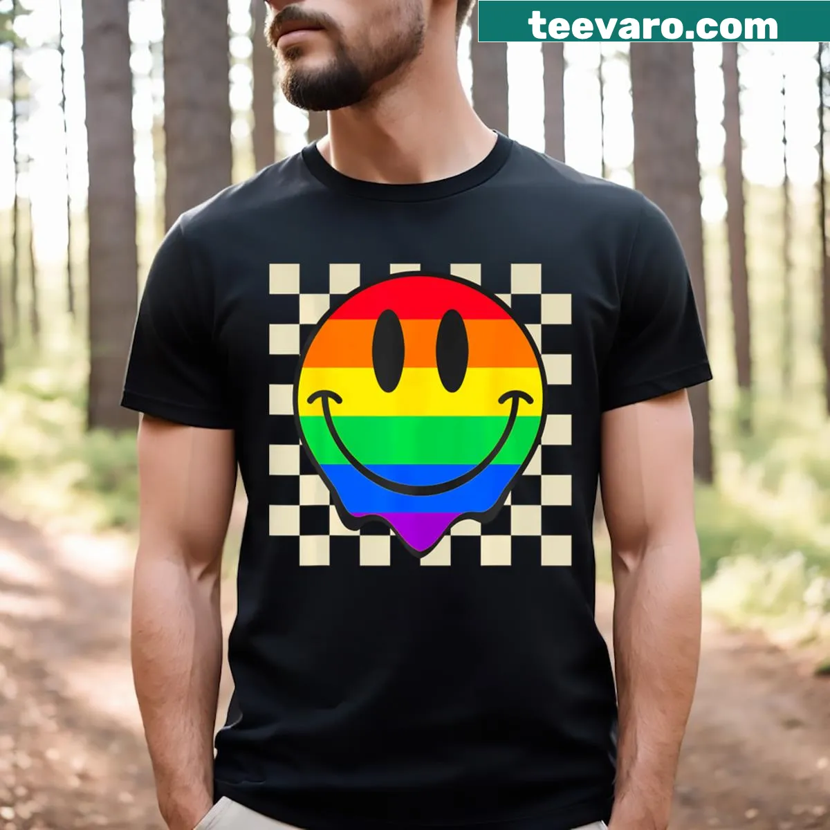 T-shirt with a smiley face design celebrating LGBTQ+ pride — on a men's t-shirt