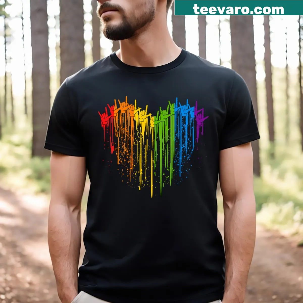 I Love You hand sign graphic with rainbow heart — on a men's t-shirt