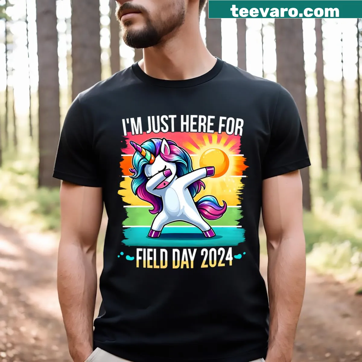 Dabbing unicorn t-shirt with Im Just Here For Field Day text — on a men's t-shirt