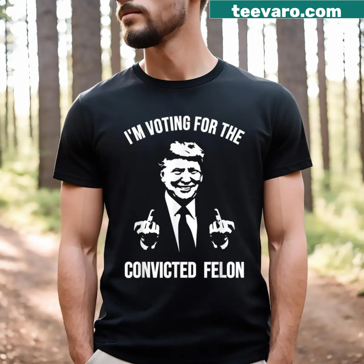 Edgy t-shirt with Im Voting For The Convicted Felon text — on a men's t-shirt
