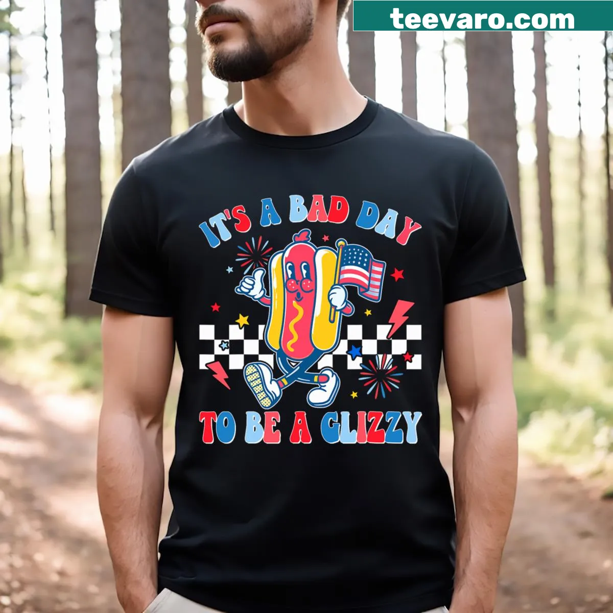 Funny Fourth of July t-shirt with hotdog graphic and text — on a men's t-shirt