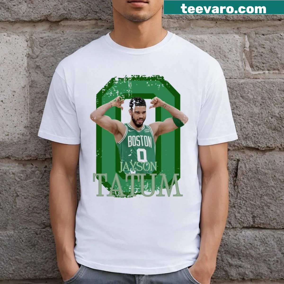 Retro style T-shirt featuring a graphic of Jayson Tatum — on a men's t-shirt