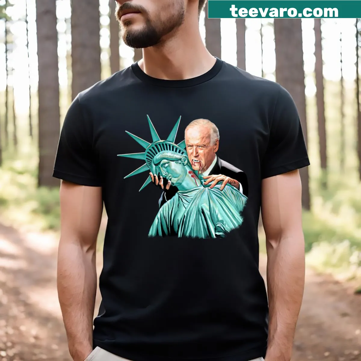 Illustration of Joe Biden with Statue of Liberty on a T-shirt — on a men's t-shirt