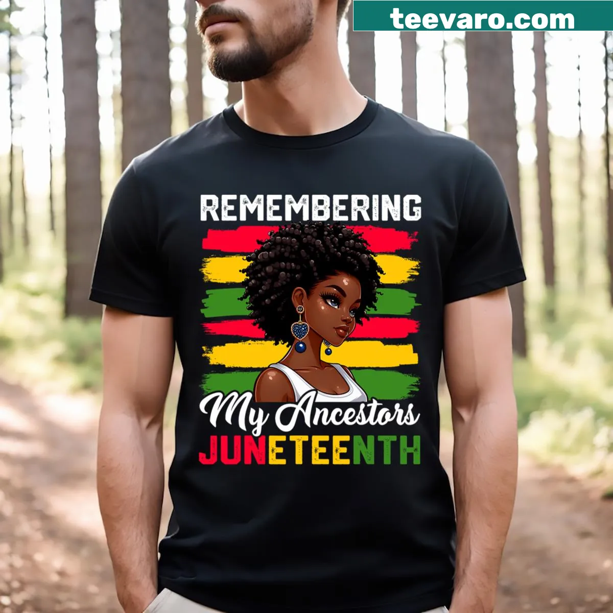 Juneteenth T-shirt featuring African American girl and freedom theme — on a men's t-shirt
