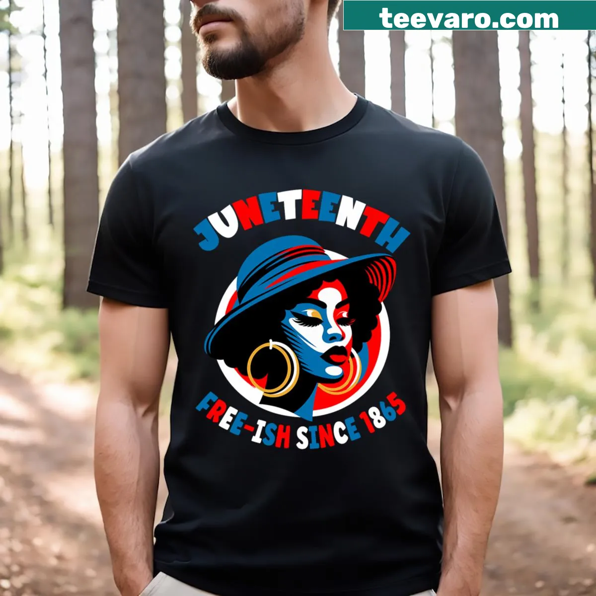 Juneteenth Black Freedom Day 1865 T-shirt in red, white, and blue — on a men's t-shirt