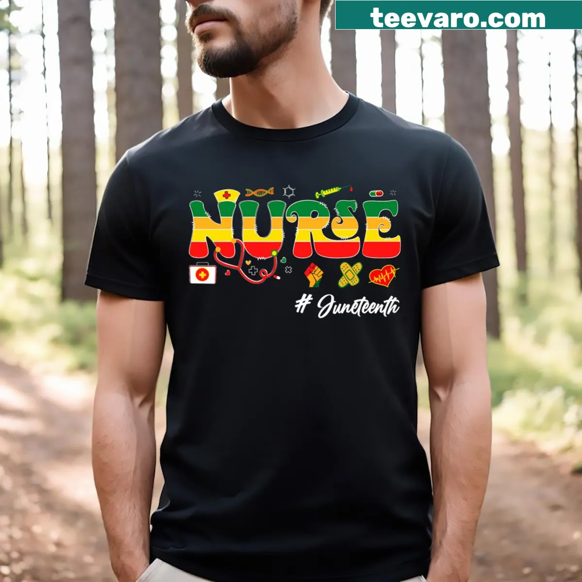 Juneteenth T-shirt featuring Black men, women, and nurses illustration — on a men's t-shirt