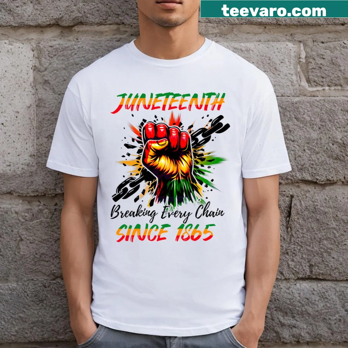 T-shirt featuring 'Breaking Every Chain Since 1865' text for Juneteenth. — on a men's t-shirt