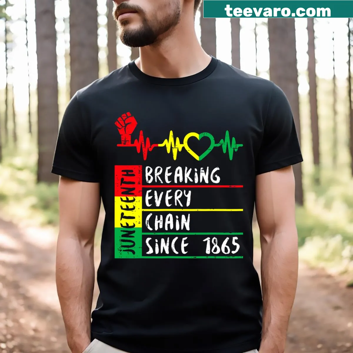 Juneteenth T-shirt design of breaking chains since 1865 for men and kids — on a men's t-shirt