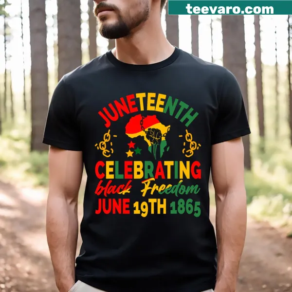Men's and kids' T-shirt celebrating Black Freedom 1865 with clear messaging.
