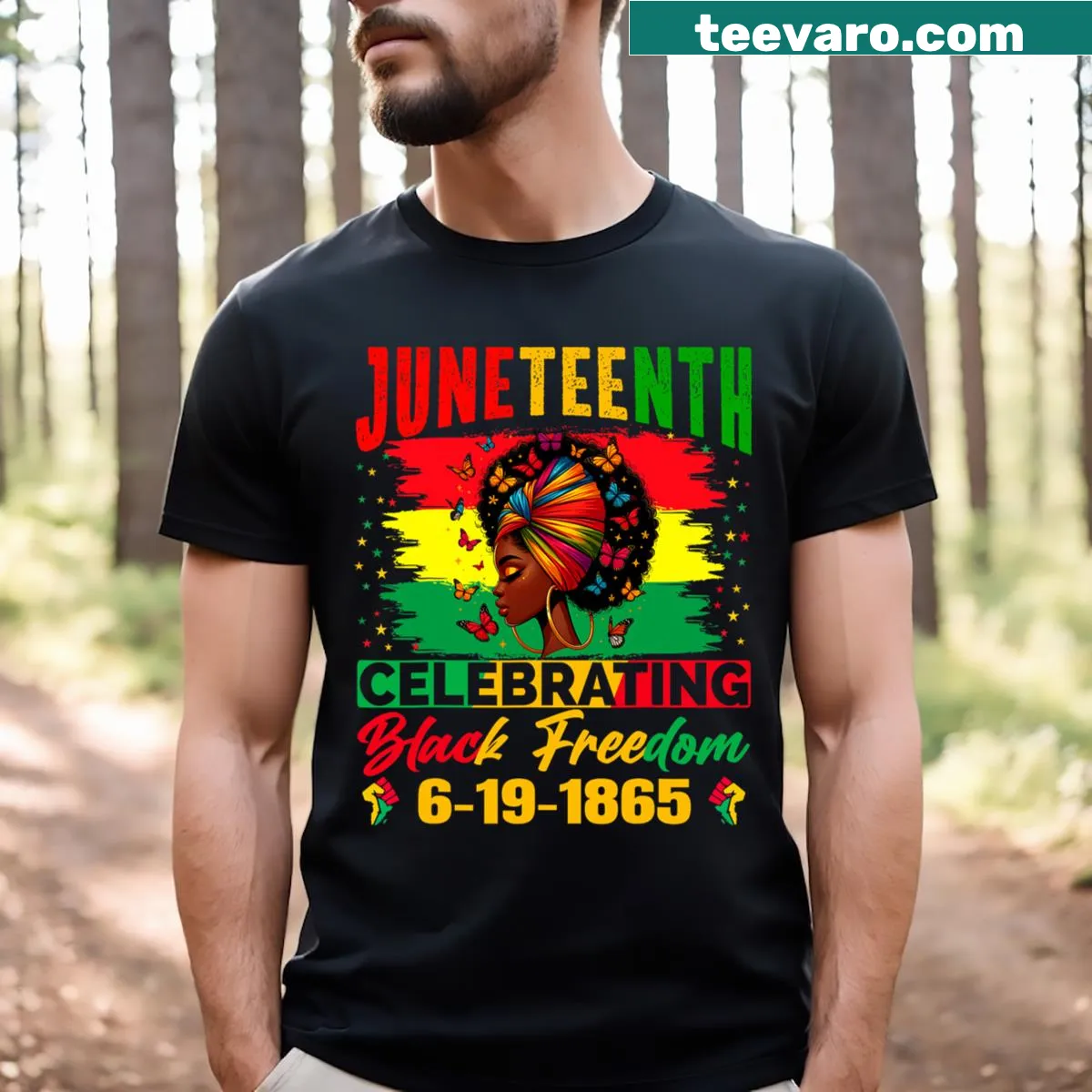 T-shirt commemorating Juneteenth with a clear celebration of Black Freedom 1865. — on a men's t-shirt