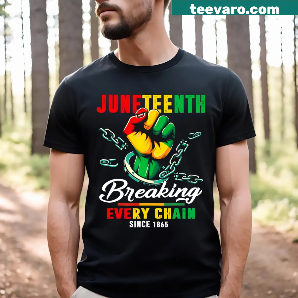 Juneteenth t-shirt with freedom design and 1865 text — on a men's t-shirt