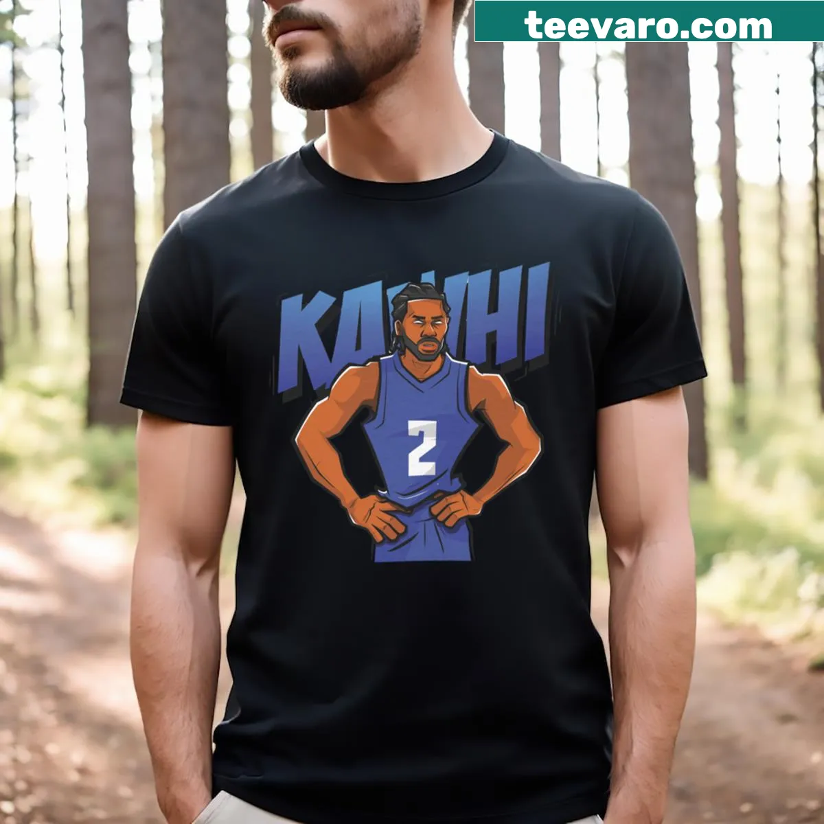 Caricature T-shirt of Kawhi Leonard, showcasing his playful side — on a men's t-shirt