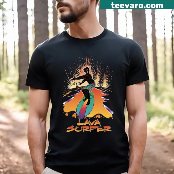 Whimsical T-shirt featuring a lava surfer design for adventurous spirits
