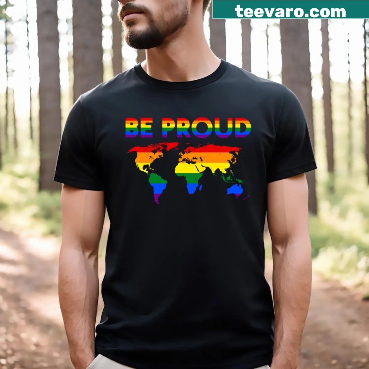 T-shirt with 'Be Proud' slogan for LGBTQ+ Pride Month. — on a men's t-shirt