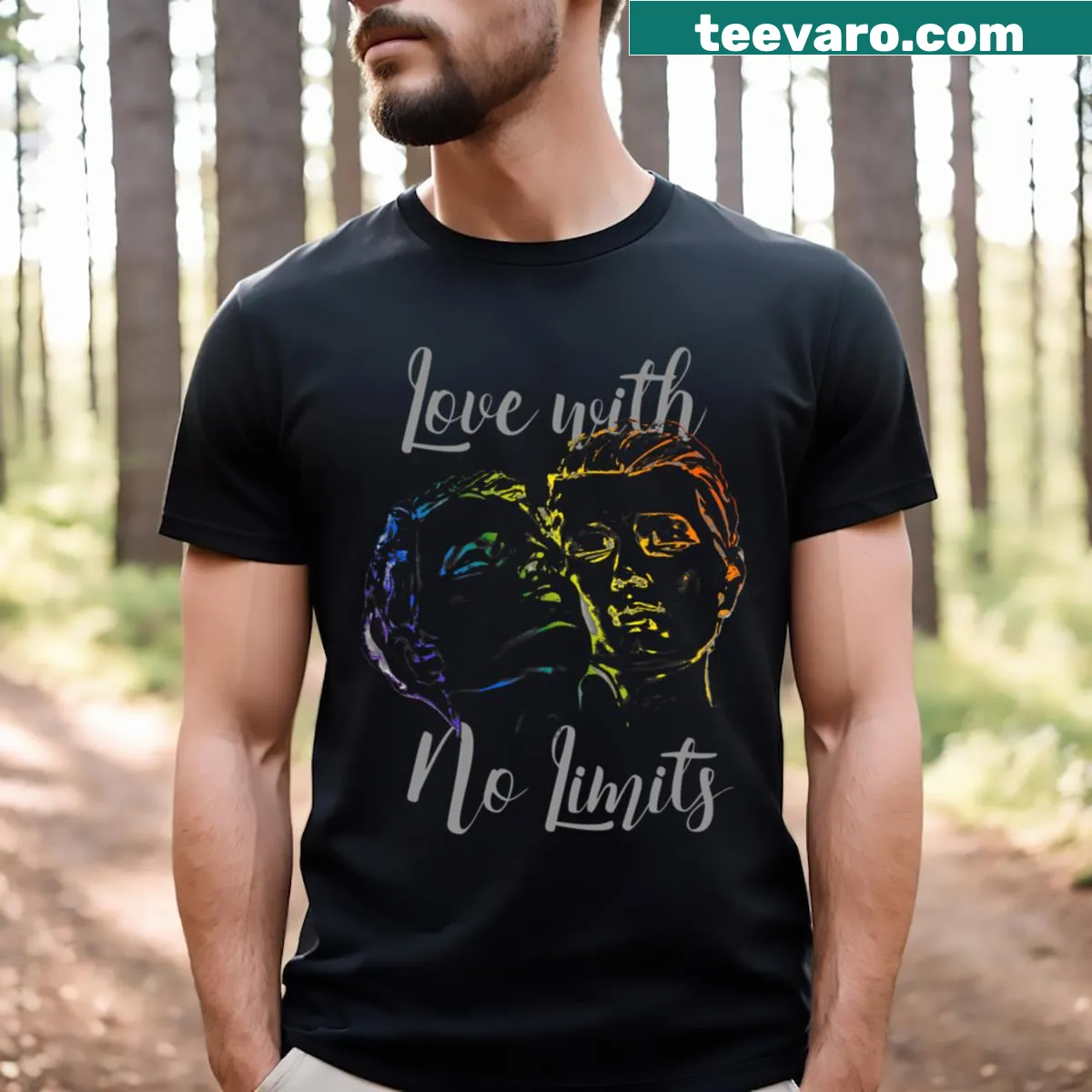 Rainbow graphic t-shirt that celebrates love without limits — on a men's t-shirt