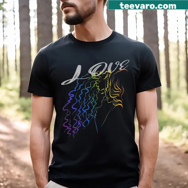 T-shirt featuring a colorful illustration of girls kissing