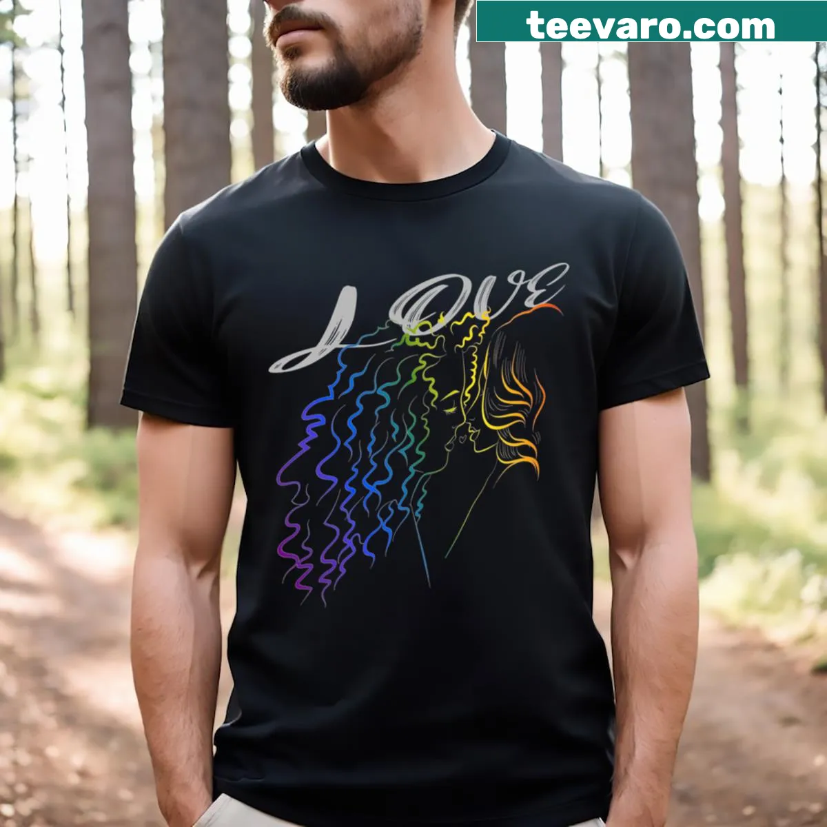 T-shirt featuring a colorful illustration of girls kissing — on a men's t-shirt