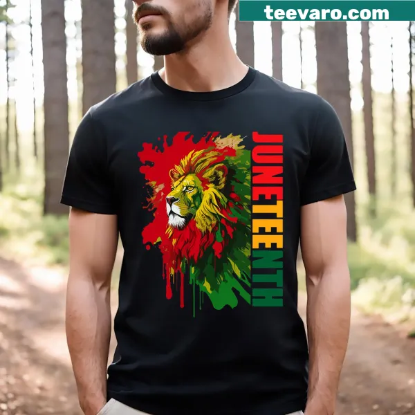 Powerful lion graphic symbolizing Juneteenth and African American heritage on a T-shirt.