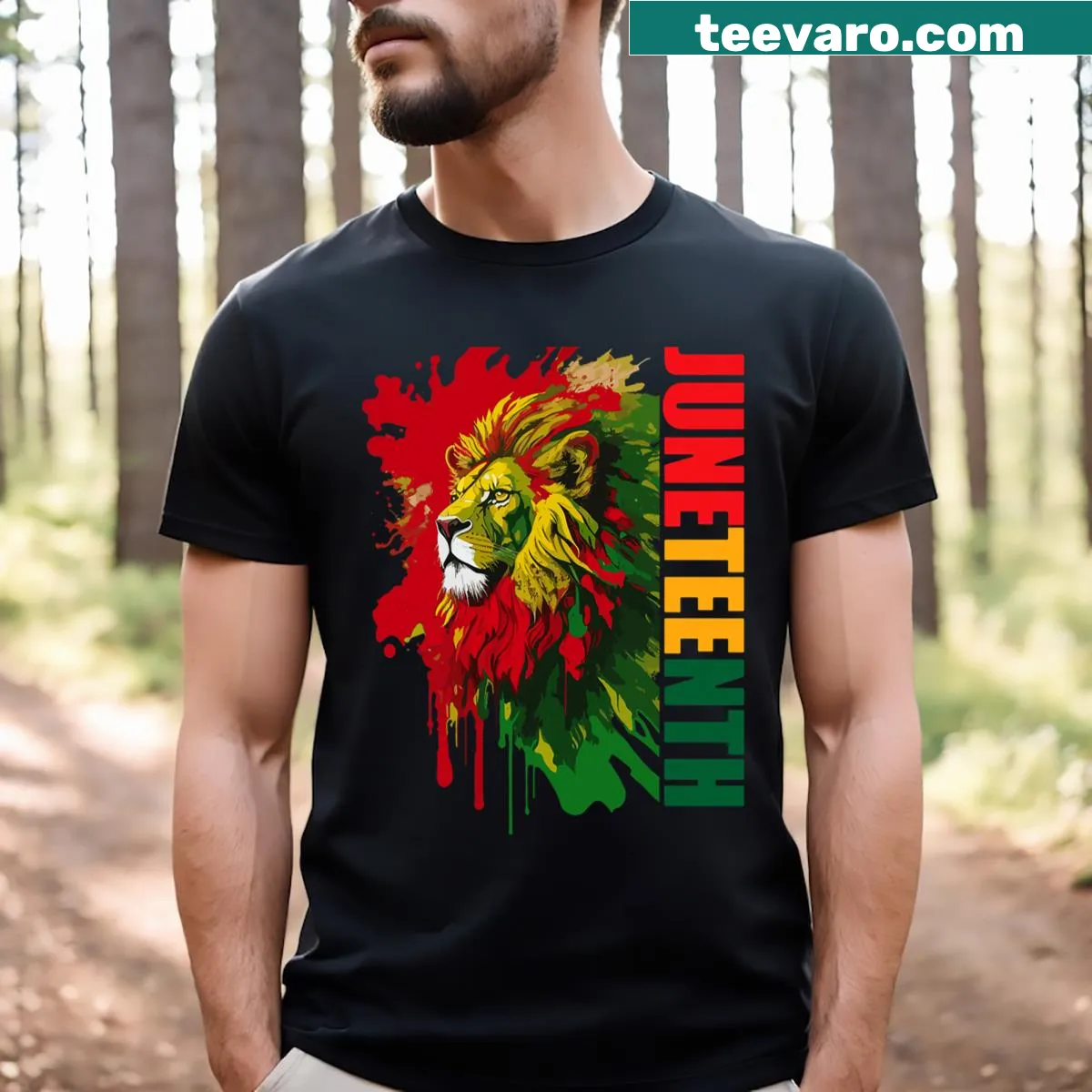 Powerful lion graphic symbolizing Juneteenth and African American heritage on a T-shirt. — on a men's t-shirt