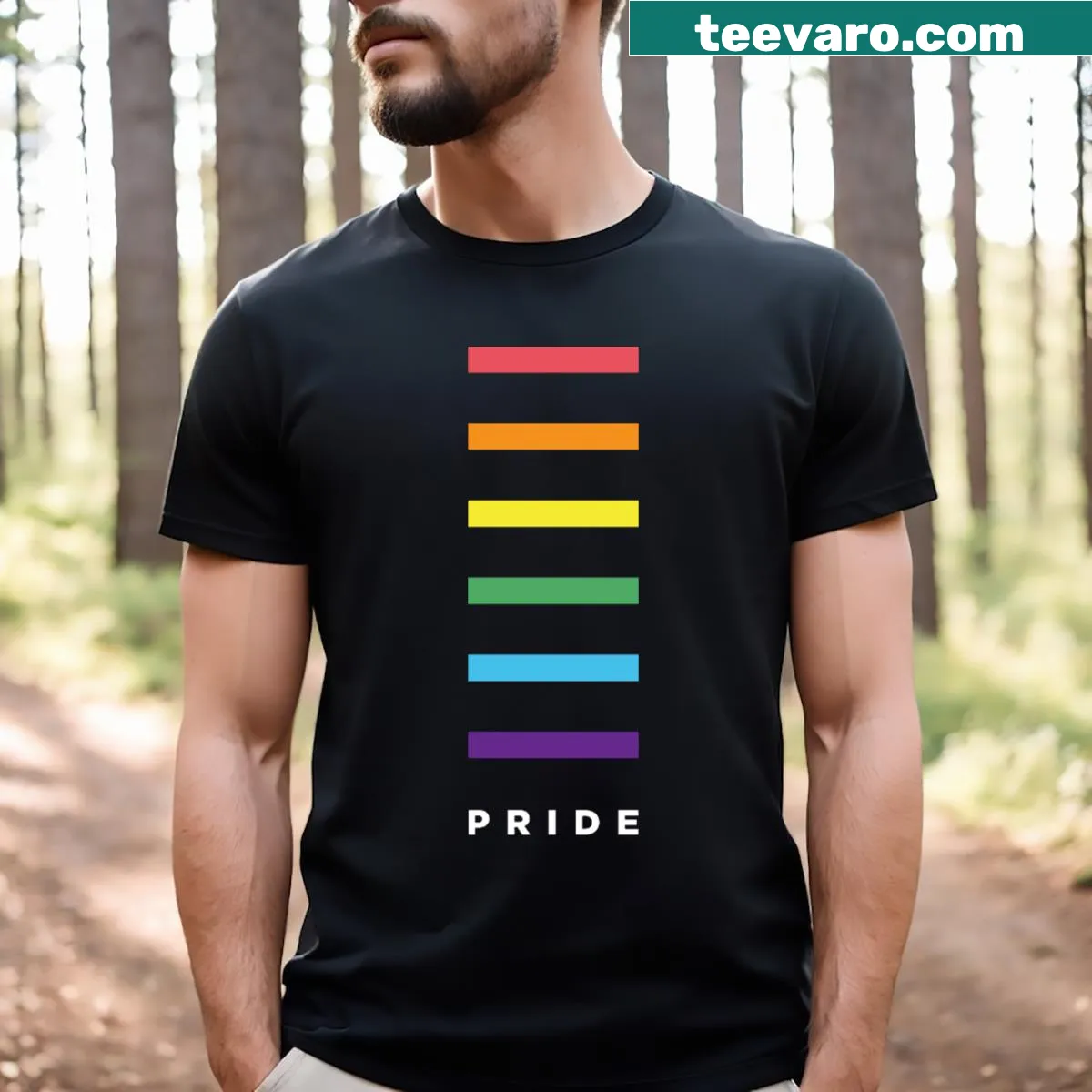 Minimalist t-shirt featuring a simple LGBTQ Pride flag design — on a men's t-shirt