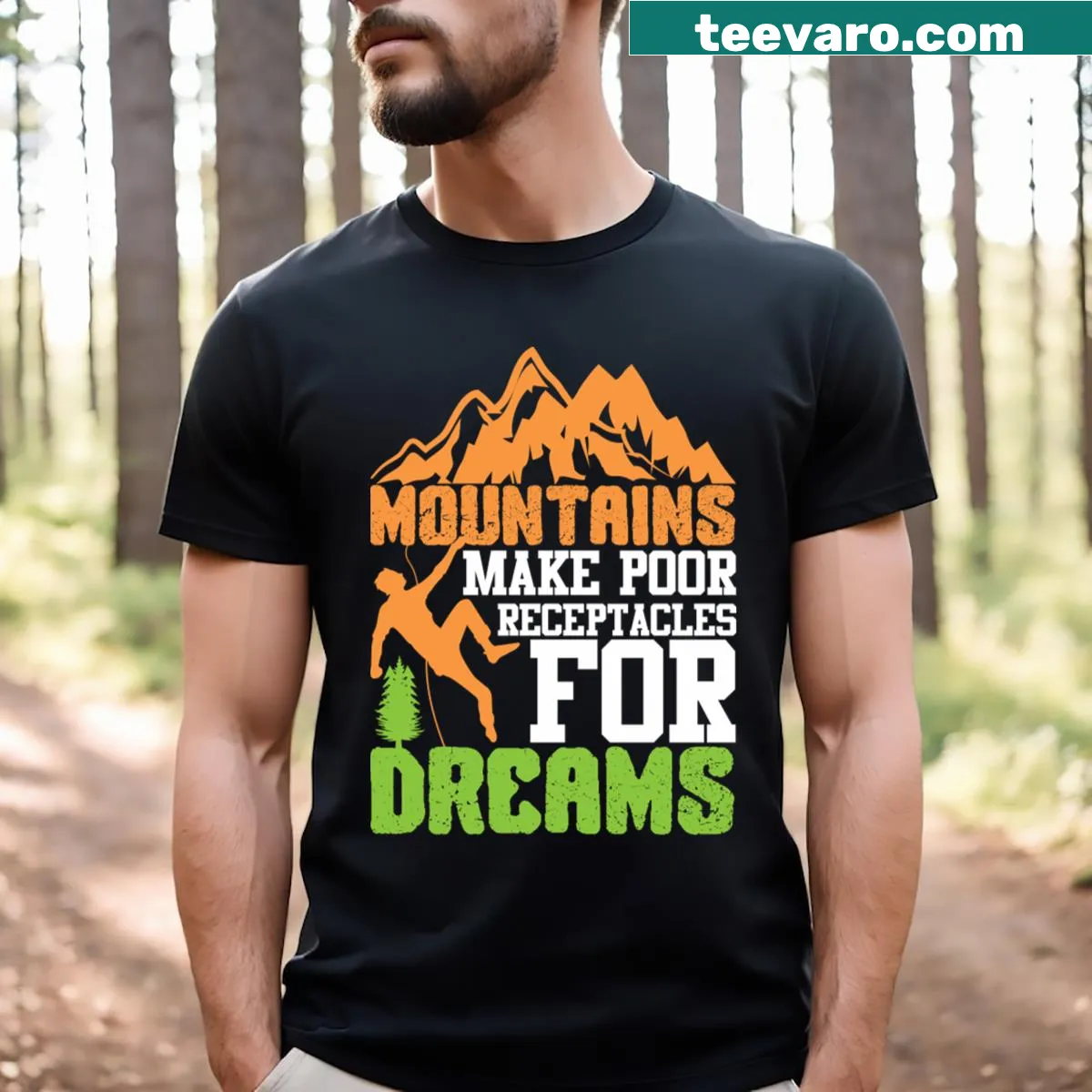 Vintage distressed shirt featuring the quote 'Mountains Make Poor Receptacles For Dreams.' — on a men's t-shirt
