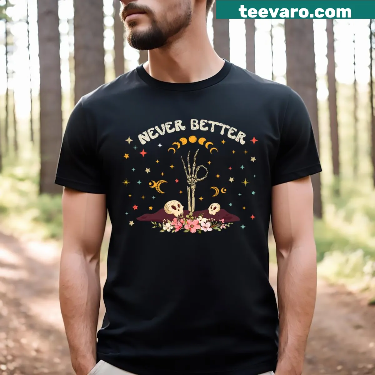 Cartoon skeleton with floral accents on a humorous Halloween T-shirt. — on a men's t-shirt