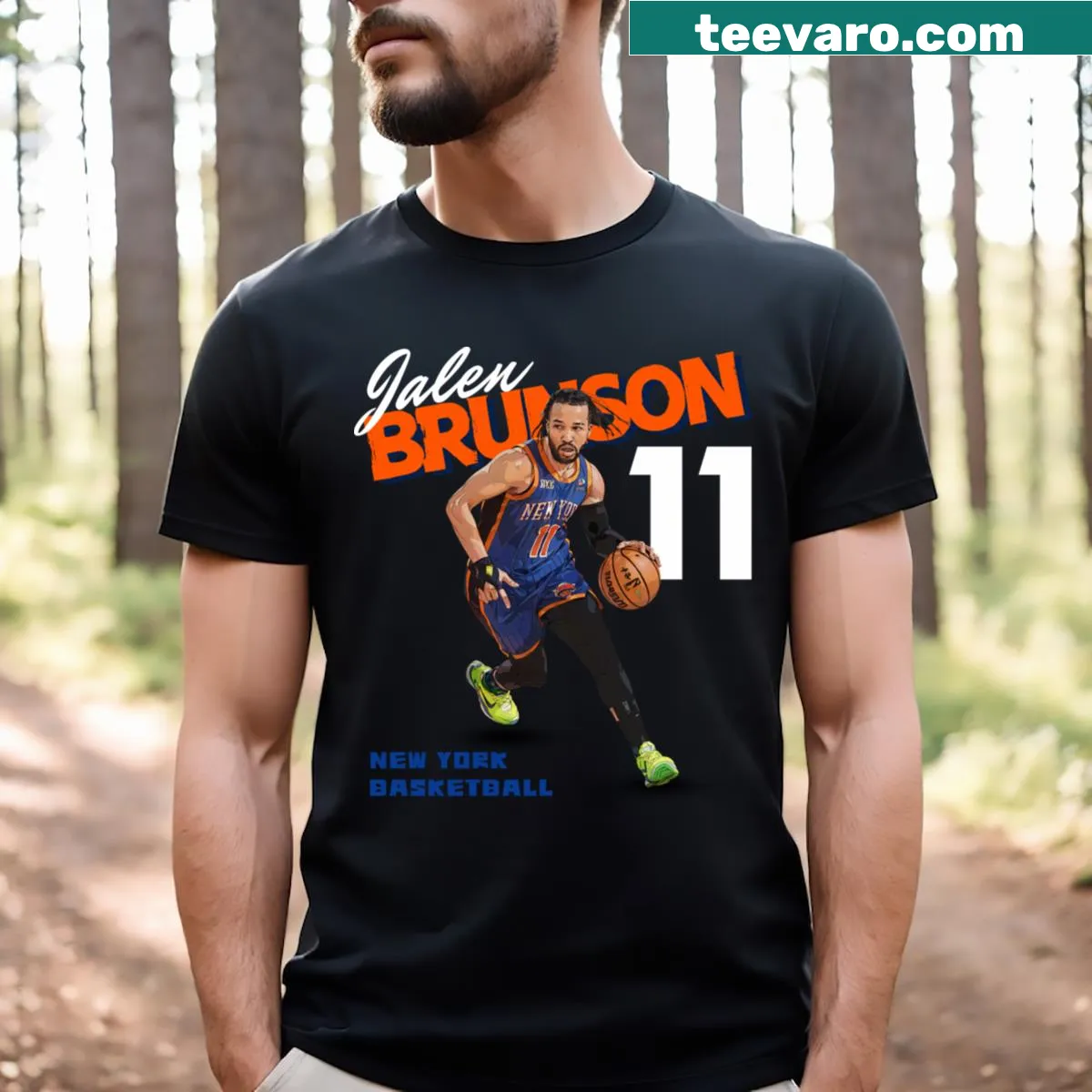 Cartoon graphic of Jalen Brunson in action wearing number 11 — on a men's t-shirt