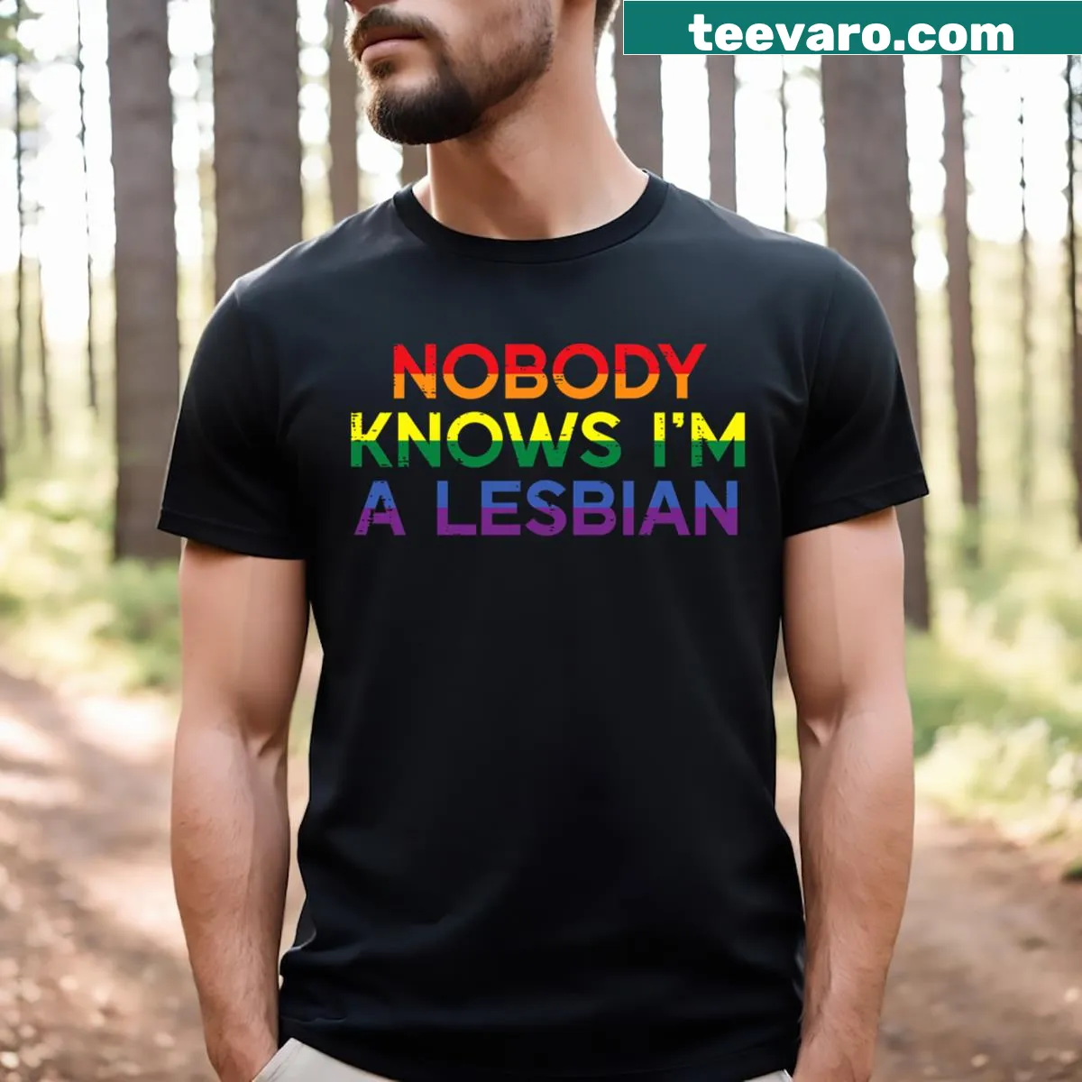 LGBTQ pride t-shirt with rainbow flag and text — on a men's t-shirt