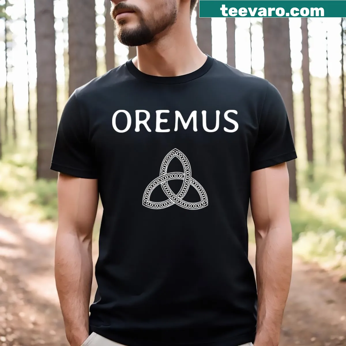 Stylish typography t-shirt featuring the name 'Oremus' — on a men's t-shirt