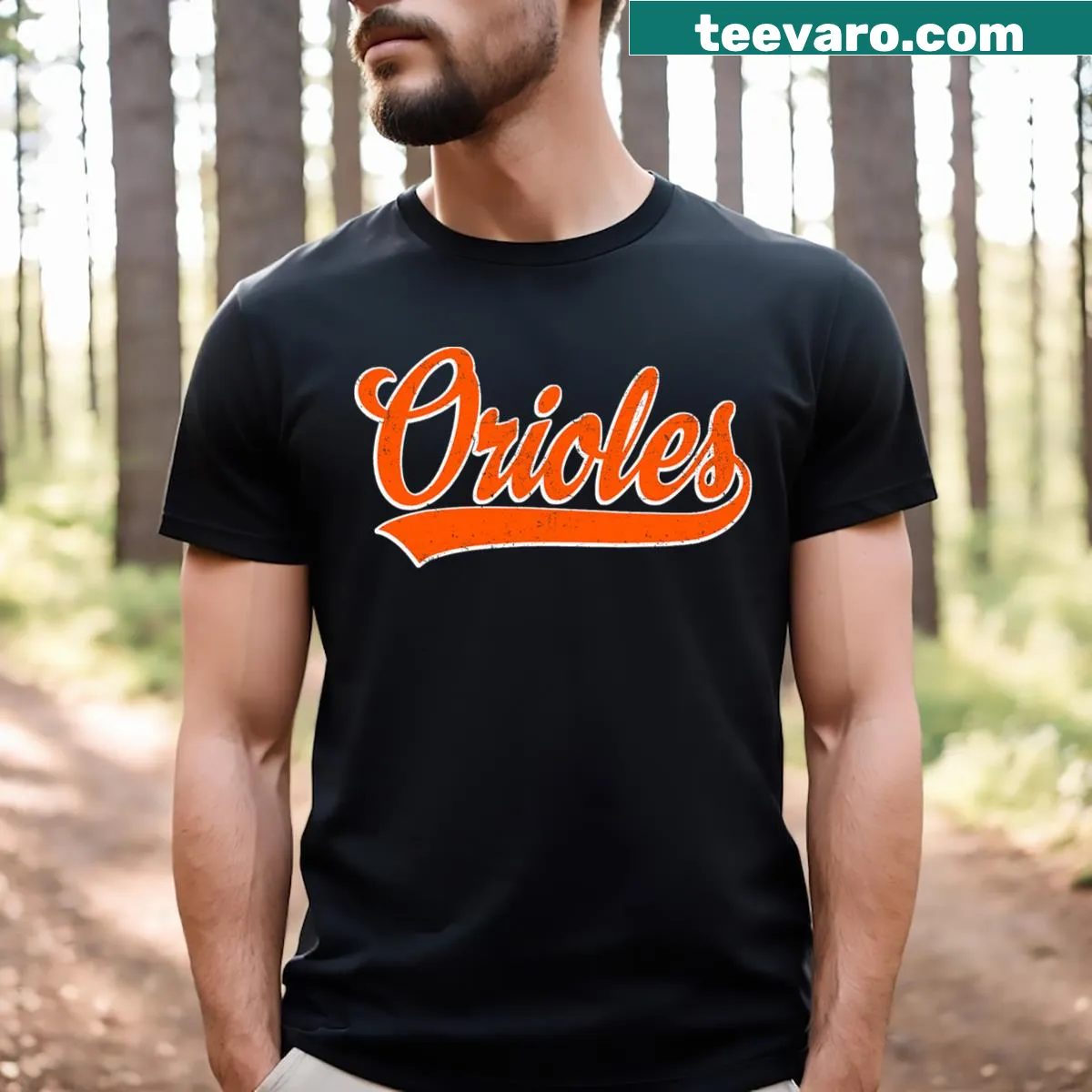 Retro Orioles name t-shirt for sports fans — on a men's t-shirt