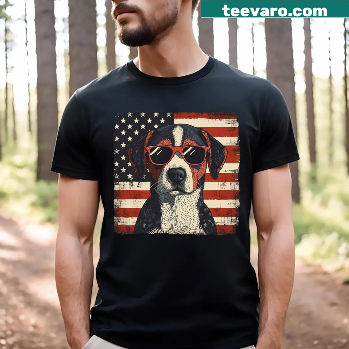 Patriotic T-shirt featuring a cheerful beagle design for July 4th. — on a men's t-shirt