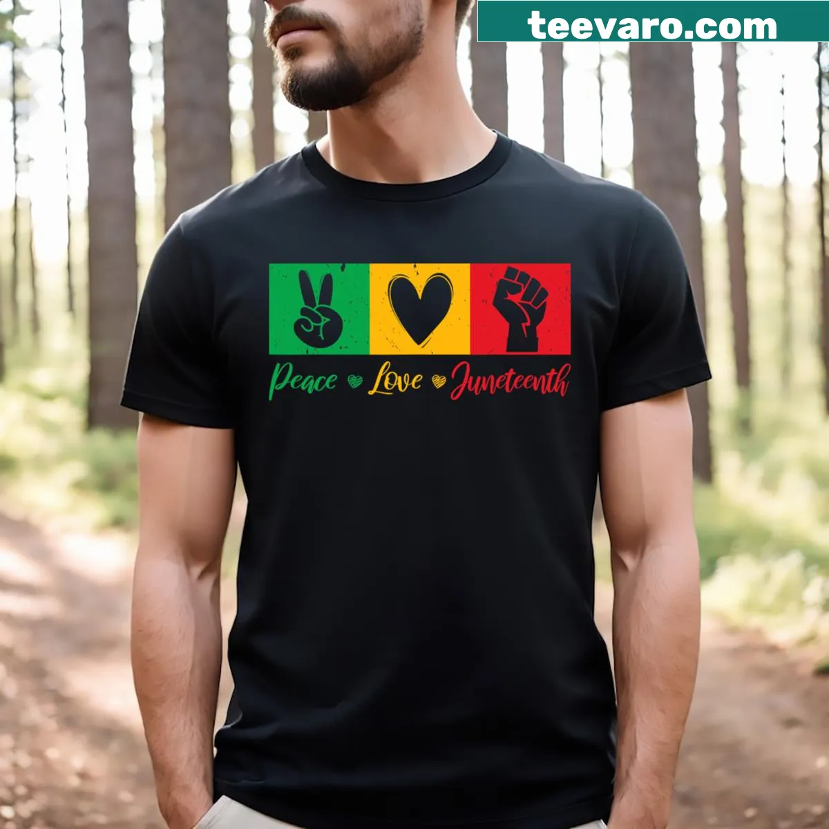 Juneteenth graphic T-shirt promoting peace and love — on a men's t-shirt