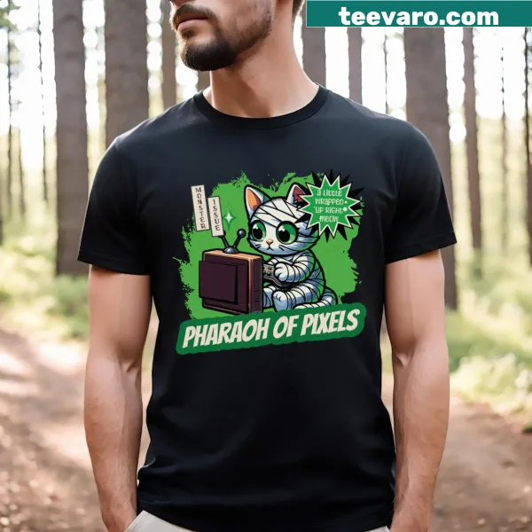 Cartoon cat wrapped in a pixelated design T-shirt