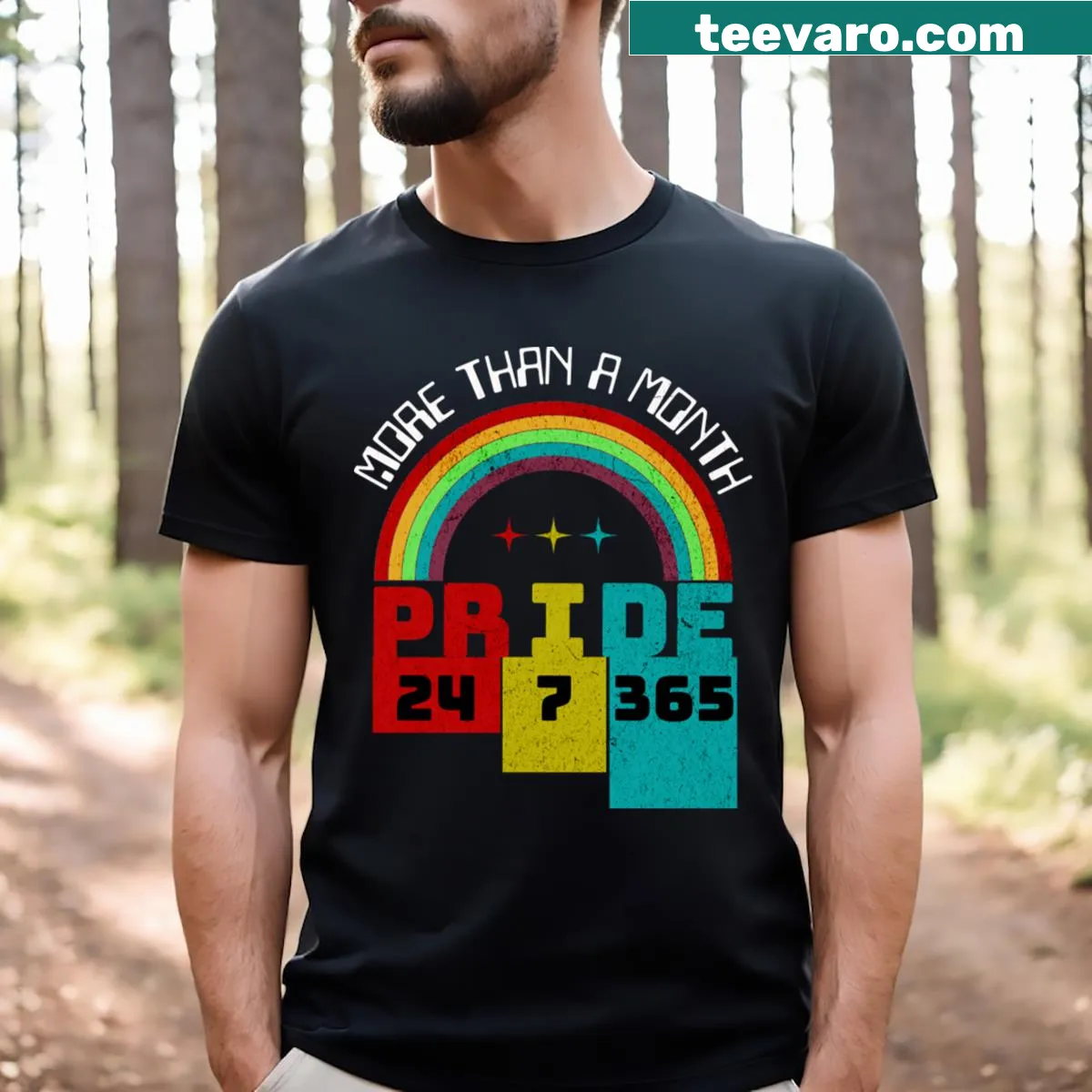 Colorful Pride 24 7 365 LGBTQ text on t-shirt — on a men's t-shirt