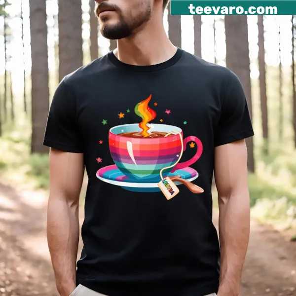 Rainbow tea cup and LGBTea text on vintage style t-shirt