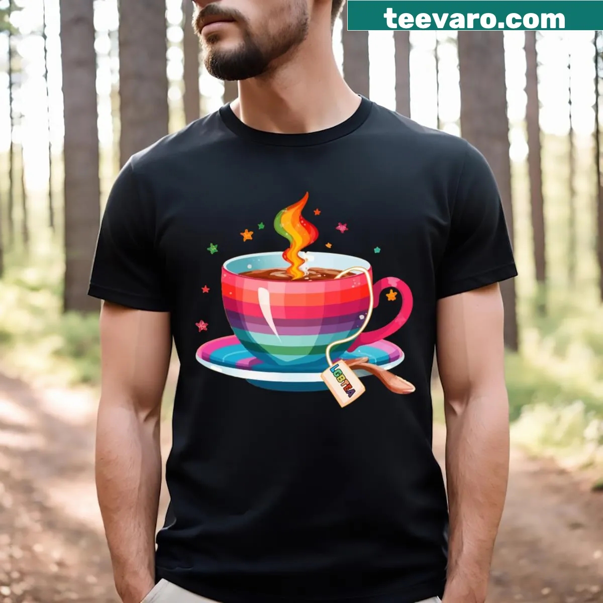Rainbow tea cup and LGBTea text on vintage style t-shirt — on a men's t-shirt