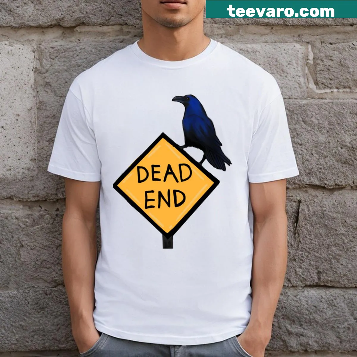 Retro dead end t-shirt with a raven graphic and bold lettering — on a men's t-shirt