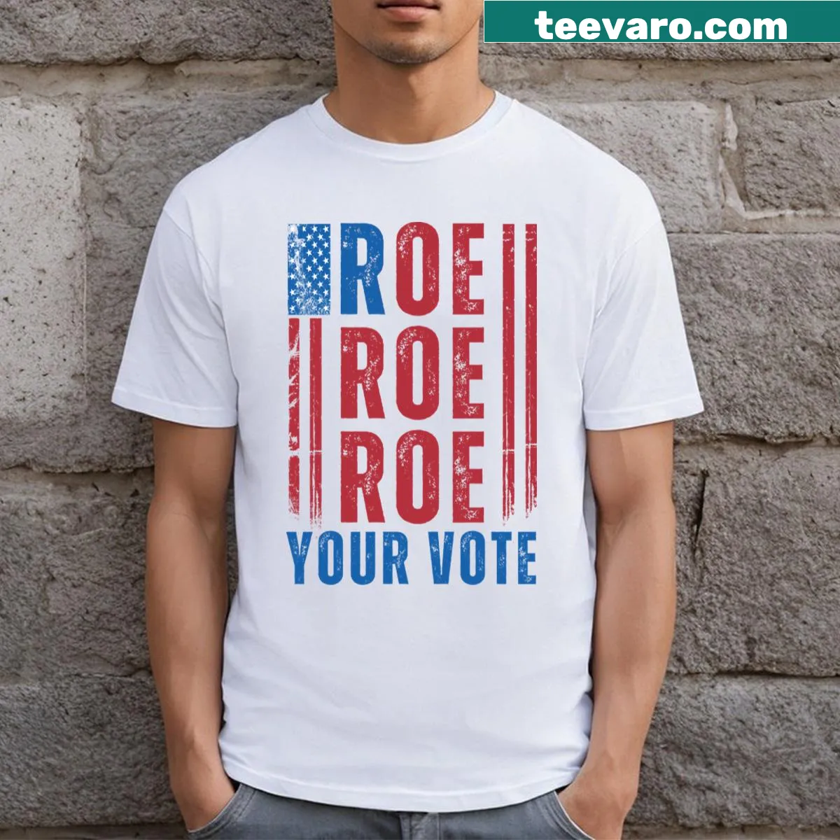 Graphic t-shirt with the slogan 'Roe Roe Roe Your Vote 2024'. — on a men's t-shirt