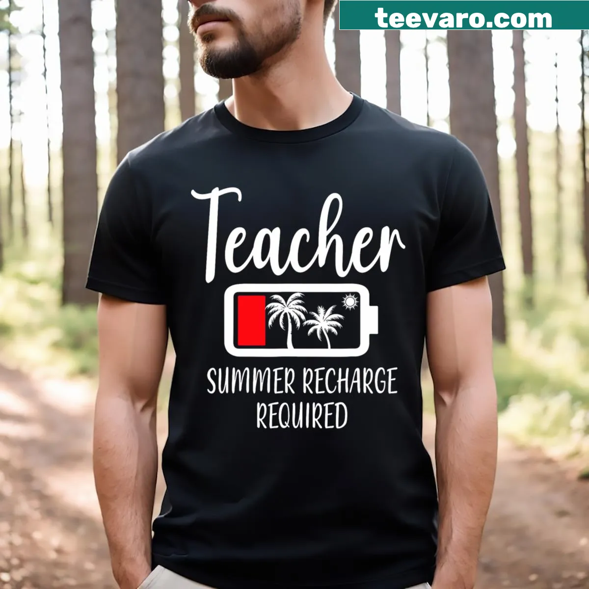 Funny T-shirt for teachers featuring summer recharge message — on a men's t-shirt