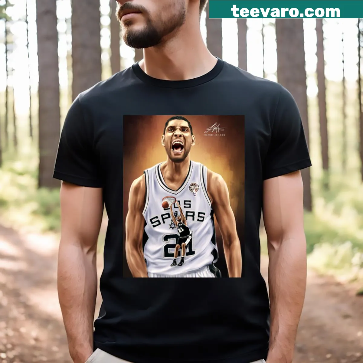 Tribute t-shirt featuring Tim Duncan with basketball graphics — on a men's t-shirt
