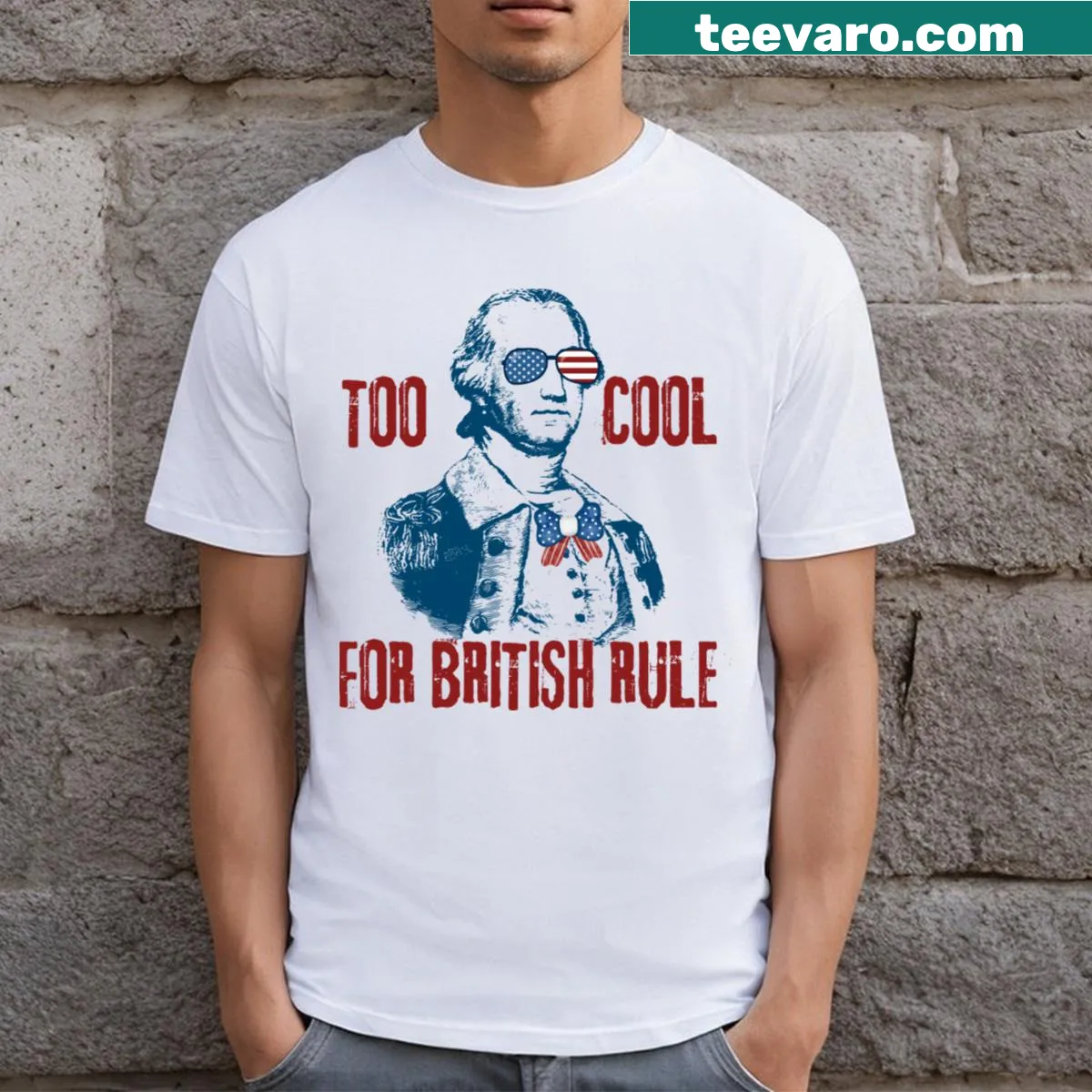Playful t-shirt with the phrase 'Too Cool For British Rule' — on a men's t-shirt