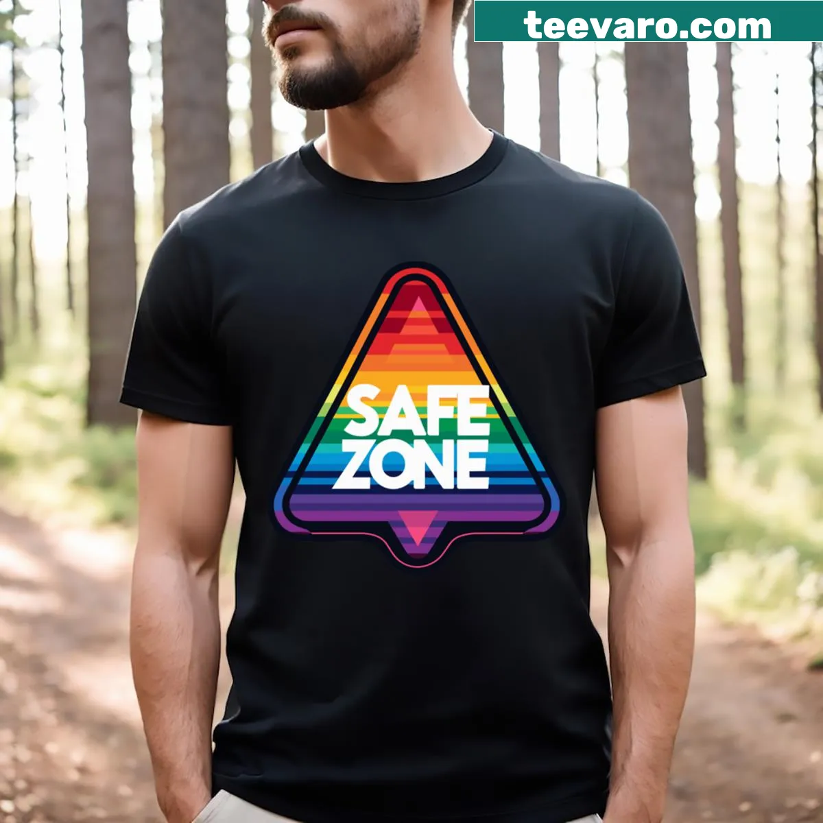 LGBT safe zone t-shirt with triangle and rainbow emblem — on a men's t-shirt